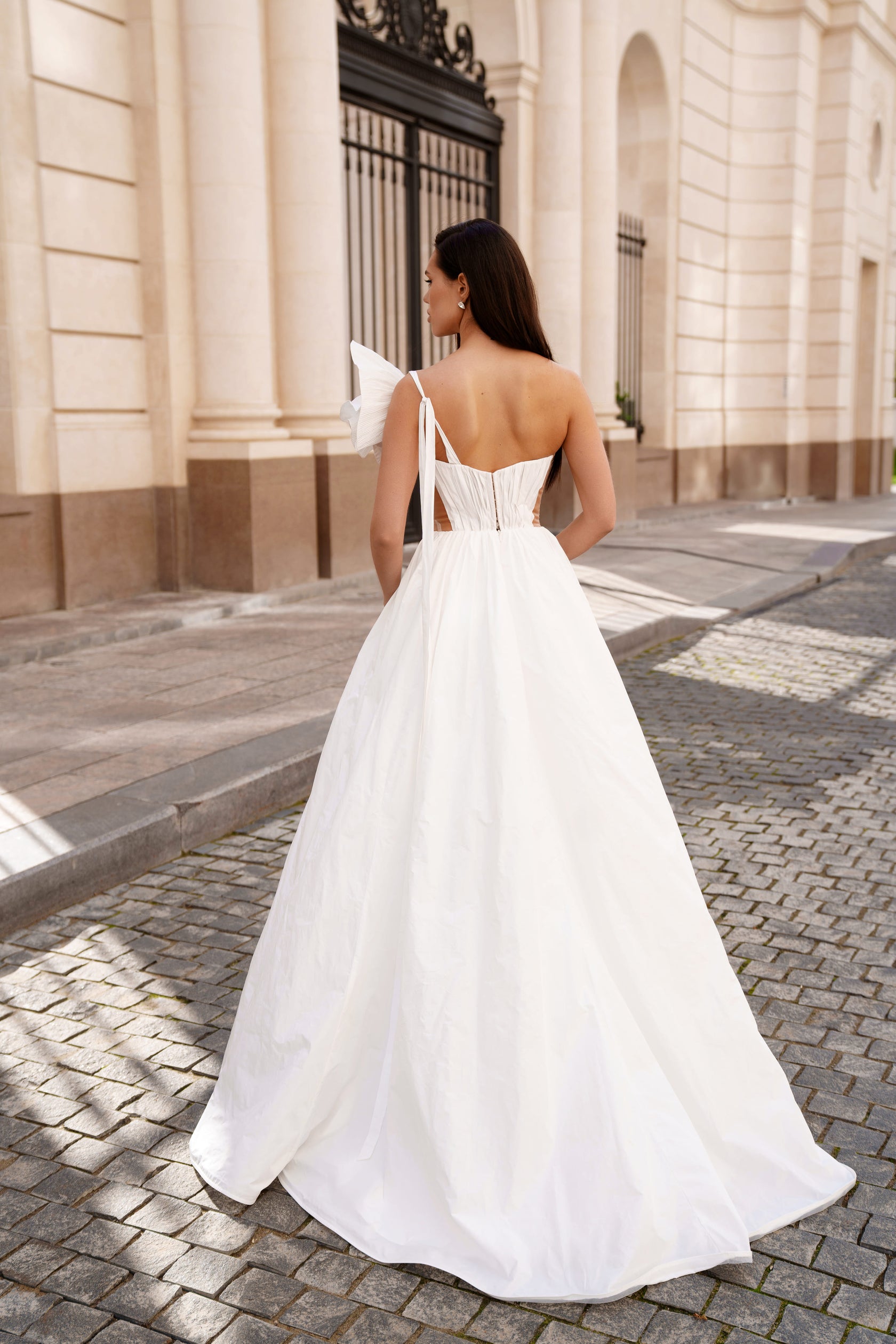 One Shoulder Drapey Sleeve Wedding Dress