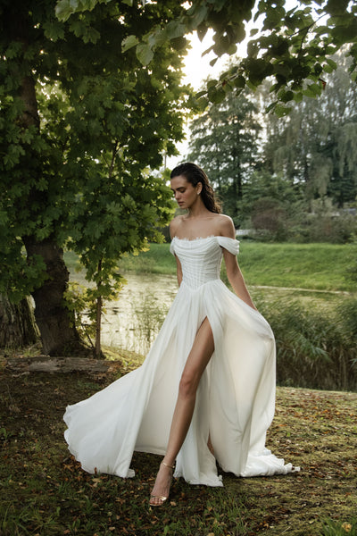 corset bodice tiered chiffon a-line wedding dress Melissa Sweet Ivory Corset Bodice A Line Tiered Chiffon Wedding Dress