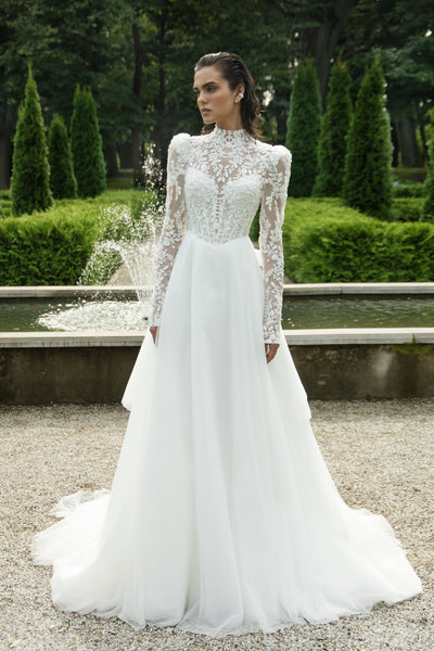 Lace and Tulle A-Line Wedding Dress with Corset and Floral Train Moire –  Wedding Roof
