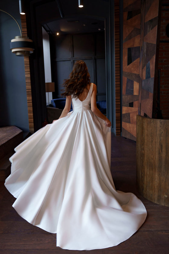 A-Line Satin Wedding Dress with V-Neck and Slit Sonya Soley May Wedding Roof A-Line Satin Wedding Dress with V-Neck and Slit Sonya Soley May Wedding Roof