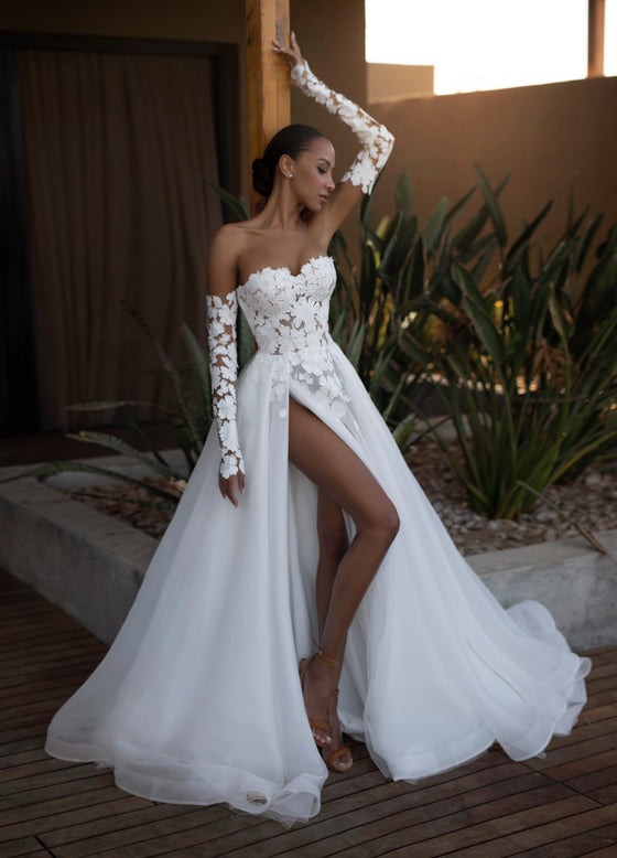 A-Line Wedding Dress with Detachable Sleeves and Slit Skirt Romanova  Atelier Eira