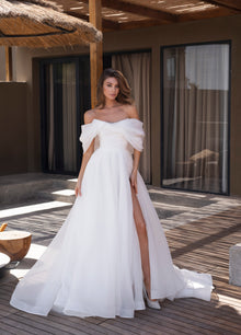  a line off shoulder wedding dress