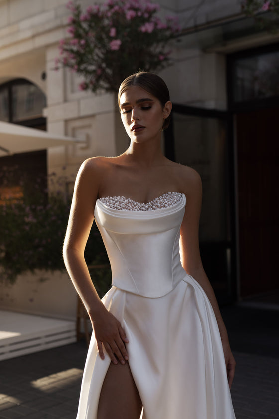 Elegant A-Line Wedding Dress with Embroidered Bodice and Slit Skirt Dorsey Elegant A-Line Wedding Dress with Embroidered Bodice and Slit Skirt Dorsey