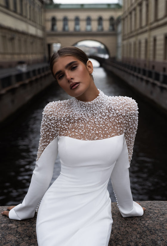 Elegant Long Sleeve Pearl Embellished Crepe Wedding Dress Patricia Marion
