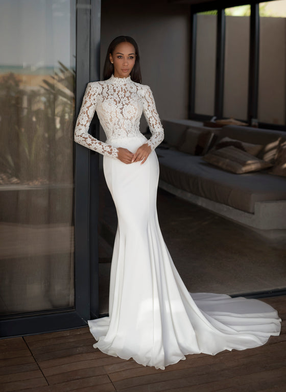 Long Sleeve Crepe Fit And Flare Wedding Dress Fit And Flare Crepe