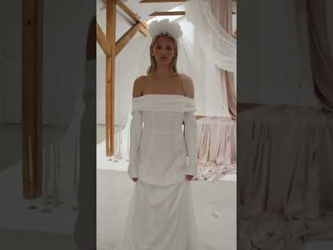 Elegant Satin Off-Shoulder Wedding Dress with Long Sleeves Allamanda