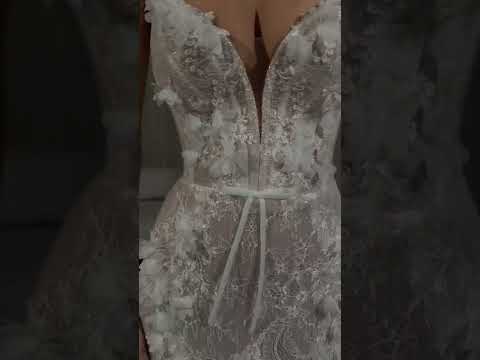 Fitted Lace Wedding Dress with 3D Flowers and a Bow Belt
