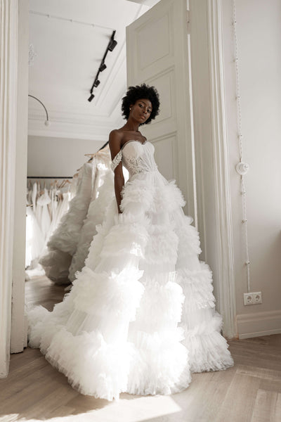 Floral Embroidered Off-the-Shoulder Ball Gown Wedding Dress Iris 2US/34FR/6UK / Milk
