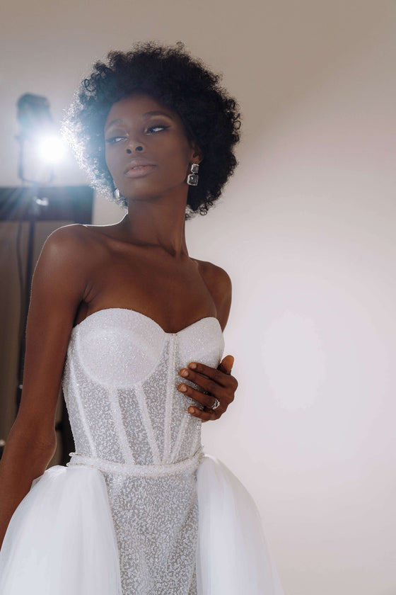 Glittery Corset Top Wedding Dress with Tulle Skirt Patricia Liana 4US/36FR/8UK / Milk+Nude / Yes Glittery Corset Top Wedding Dress with Tulle Skirt Patricia Liana 4US/36FR/8UK / Milk+Nude / Yes