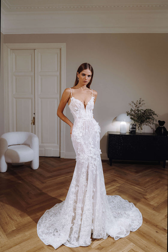 Deep v lace wedding dress