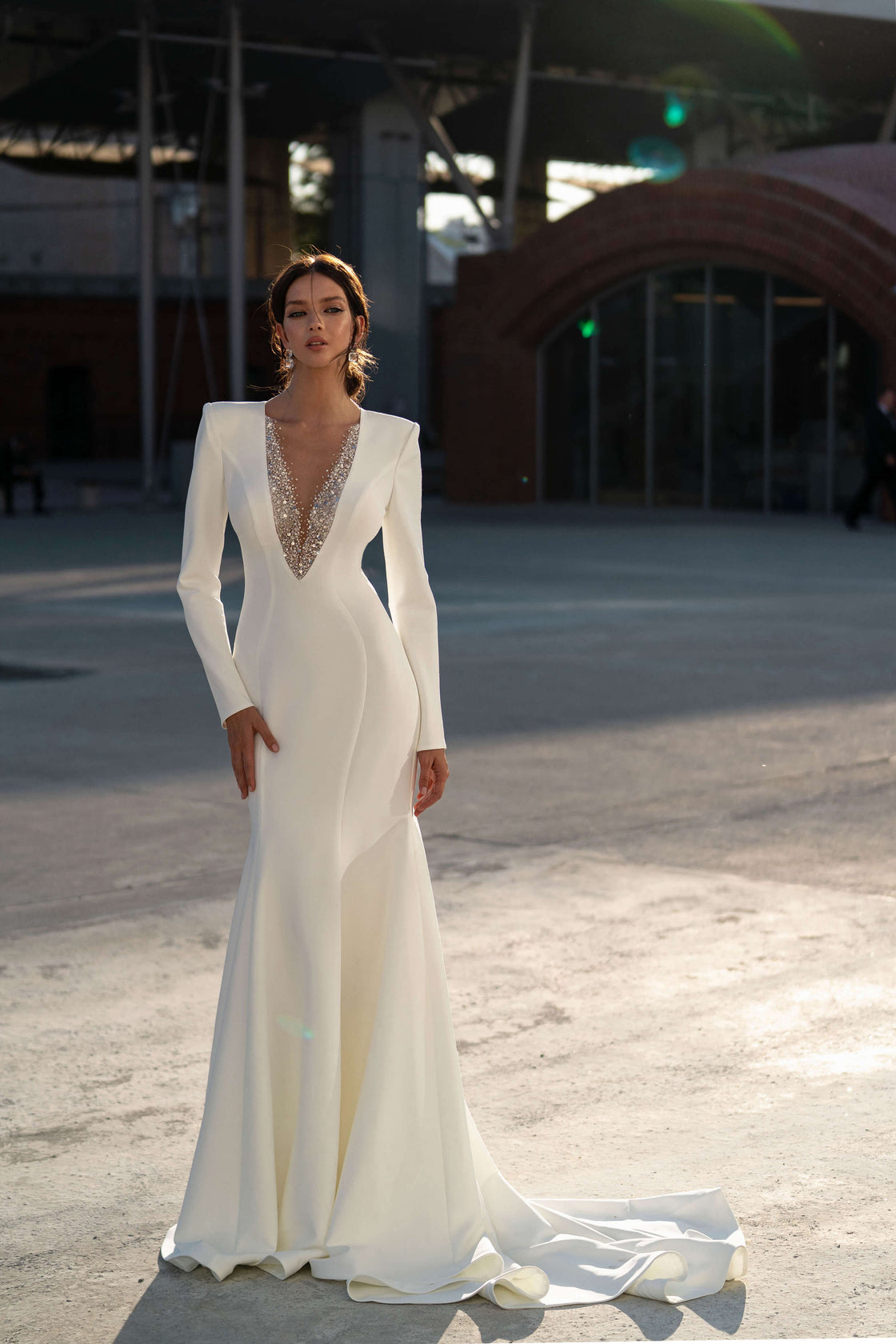 V-Neck Crepe Long Sleeve Wedding Dress with Crystal Embroidery Sonesta ...