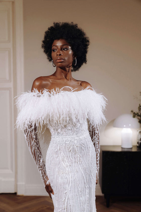 fit and flare feather wedding dress Modeca, Feather Wedding Dress