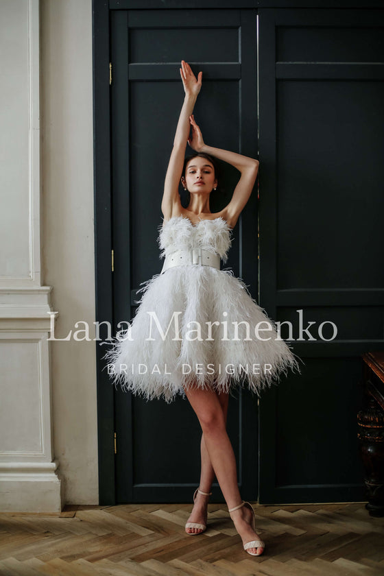Short Wedding Dress With Feathers