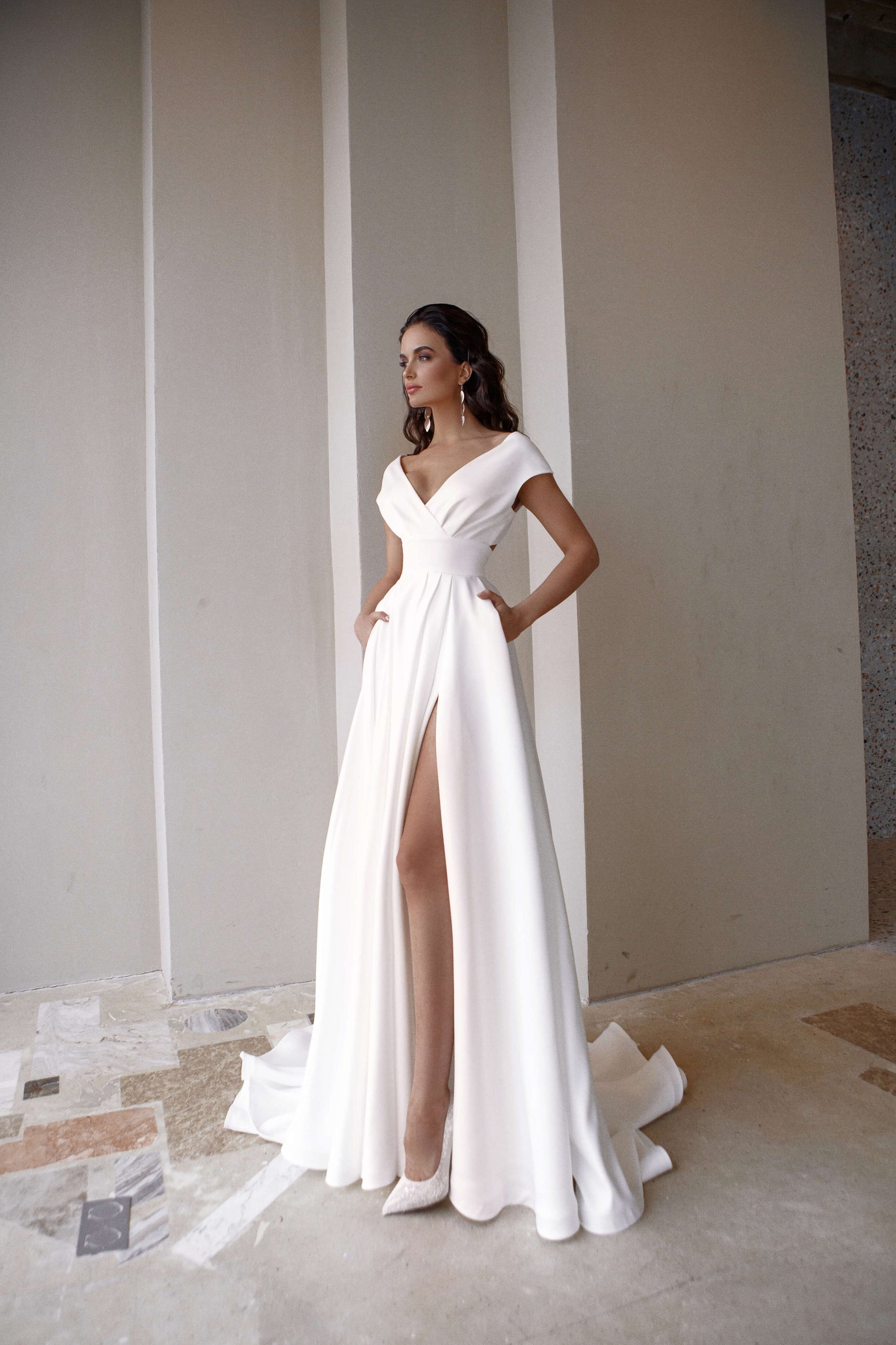 A-Line Wedding Dress with Closed Shoulders and Curly Neckline Romanova ...